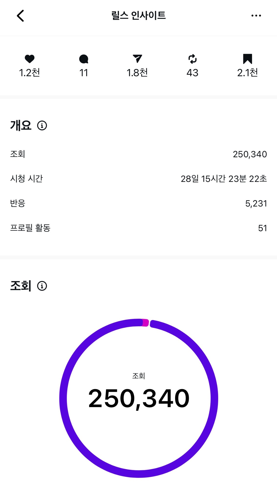 릴스 인사이트 조회수 250,340 화면